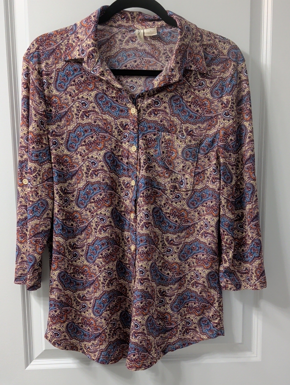 Bella D. Paisley Button-Down Shirt in Blue, Cream, Burgundy, Orange and Brown